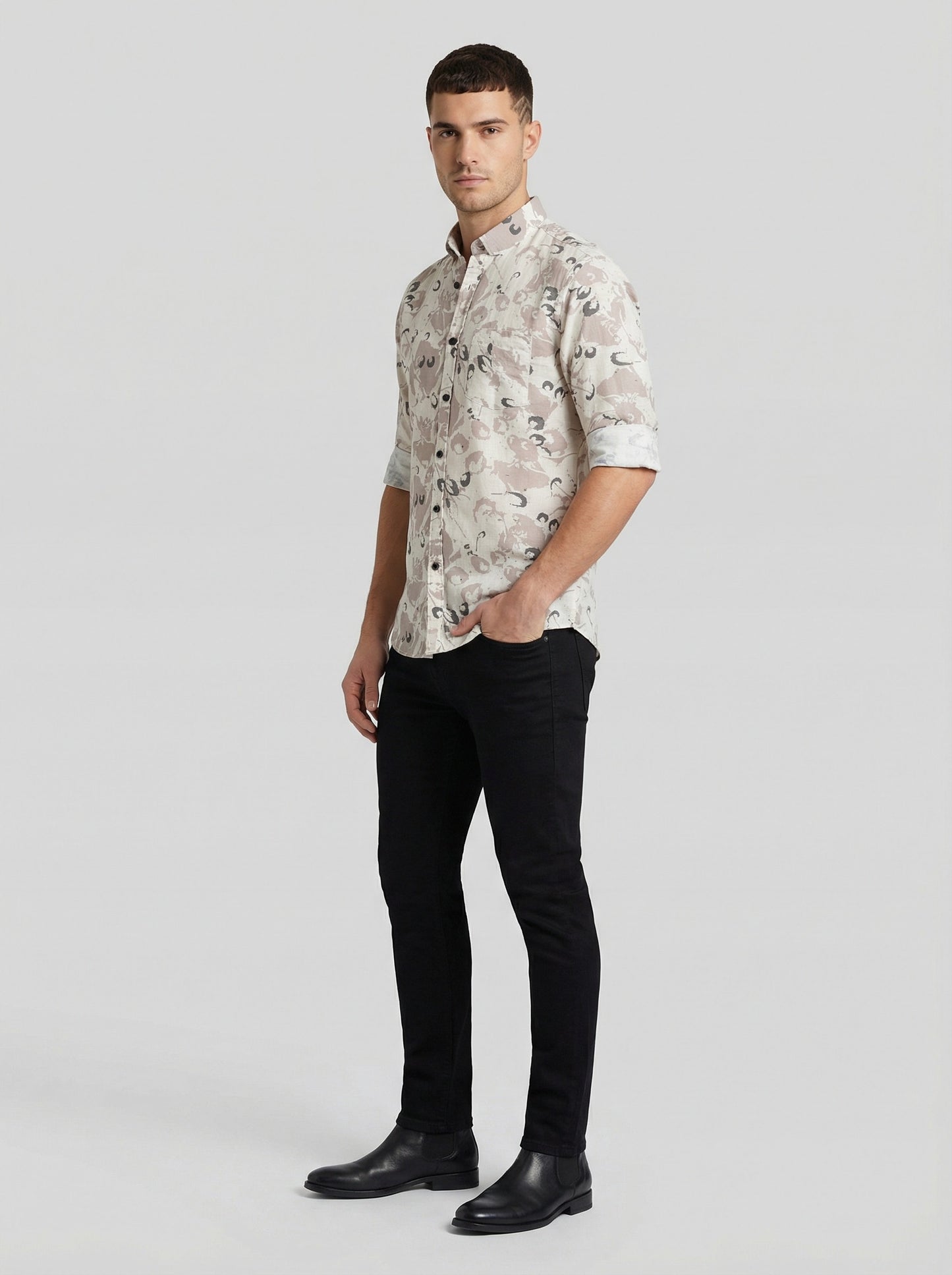 The Showfine Men's Abstract Floral Print Button-Down Shirt - Breathable Linen Blend