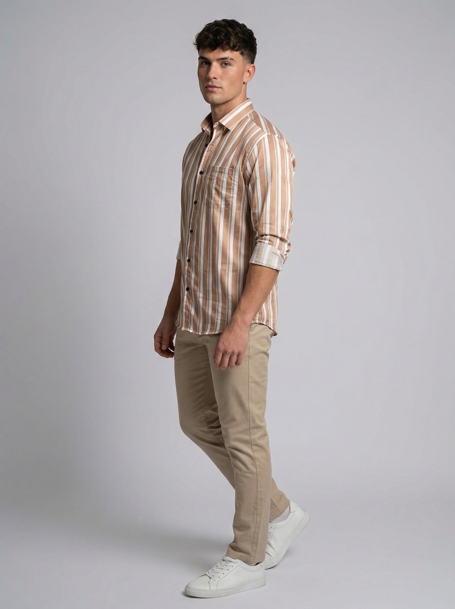 Men's Casual Brown and White Horizontal Striped Long Sleeve Button-Down Shirt