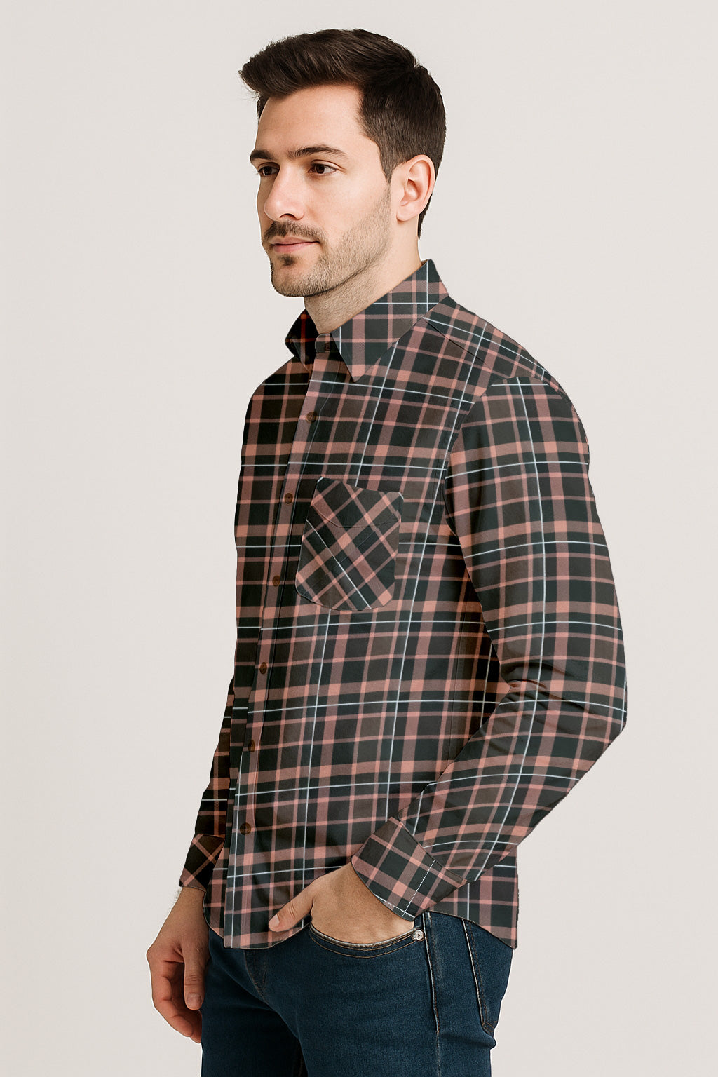 Long Sleeve Plaid Cotton Shirt – Button Down Checkered Casual Dress Shirt
