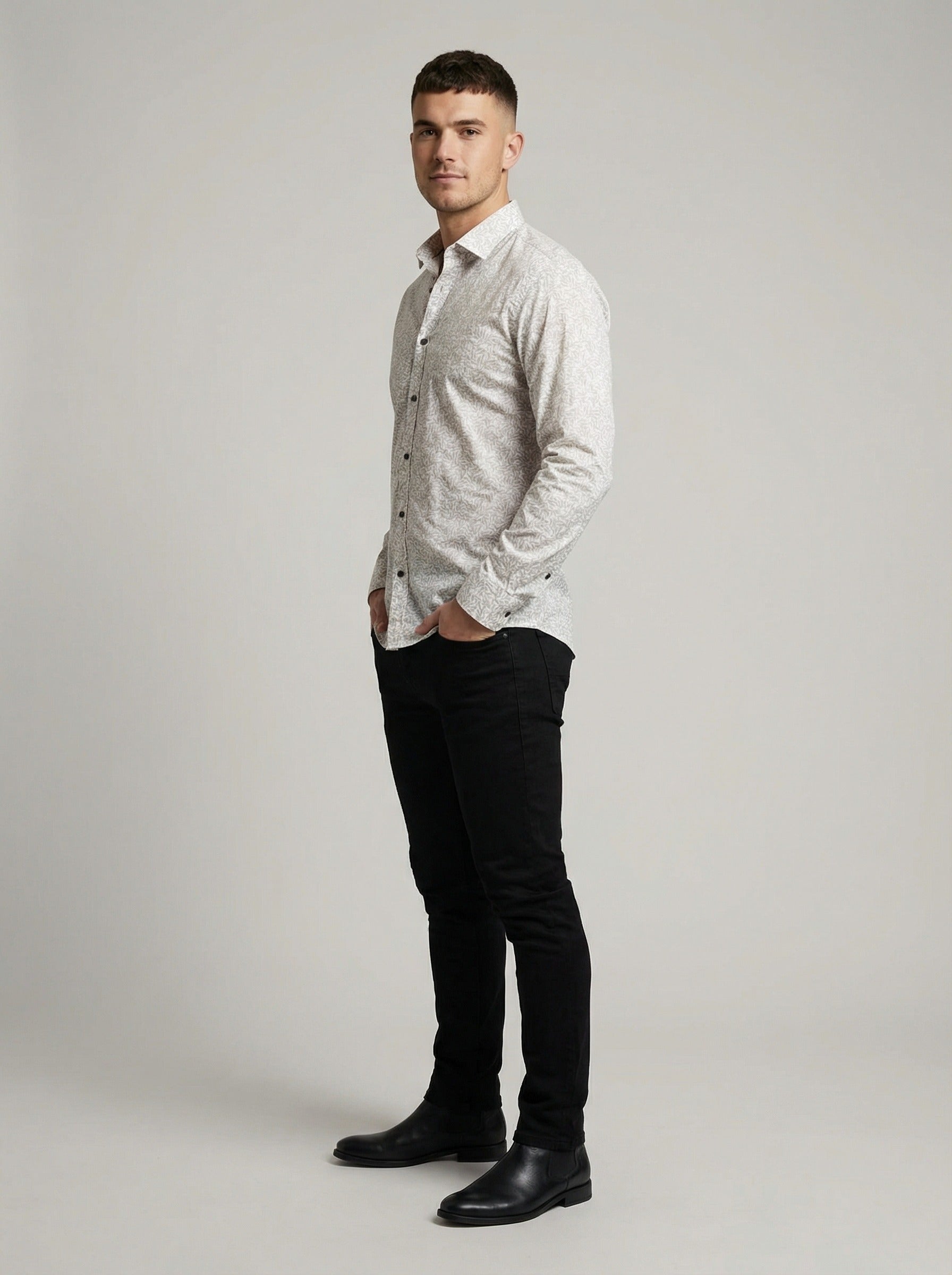 Men's Elegant Cream Leaf Print Long Sleeve Button-Down Shirt