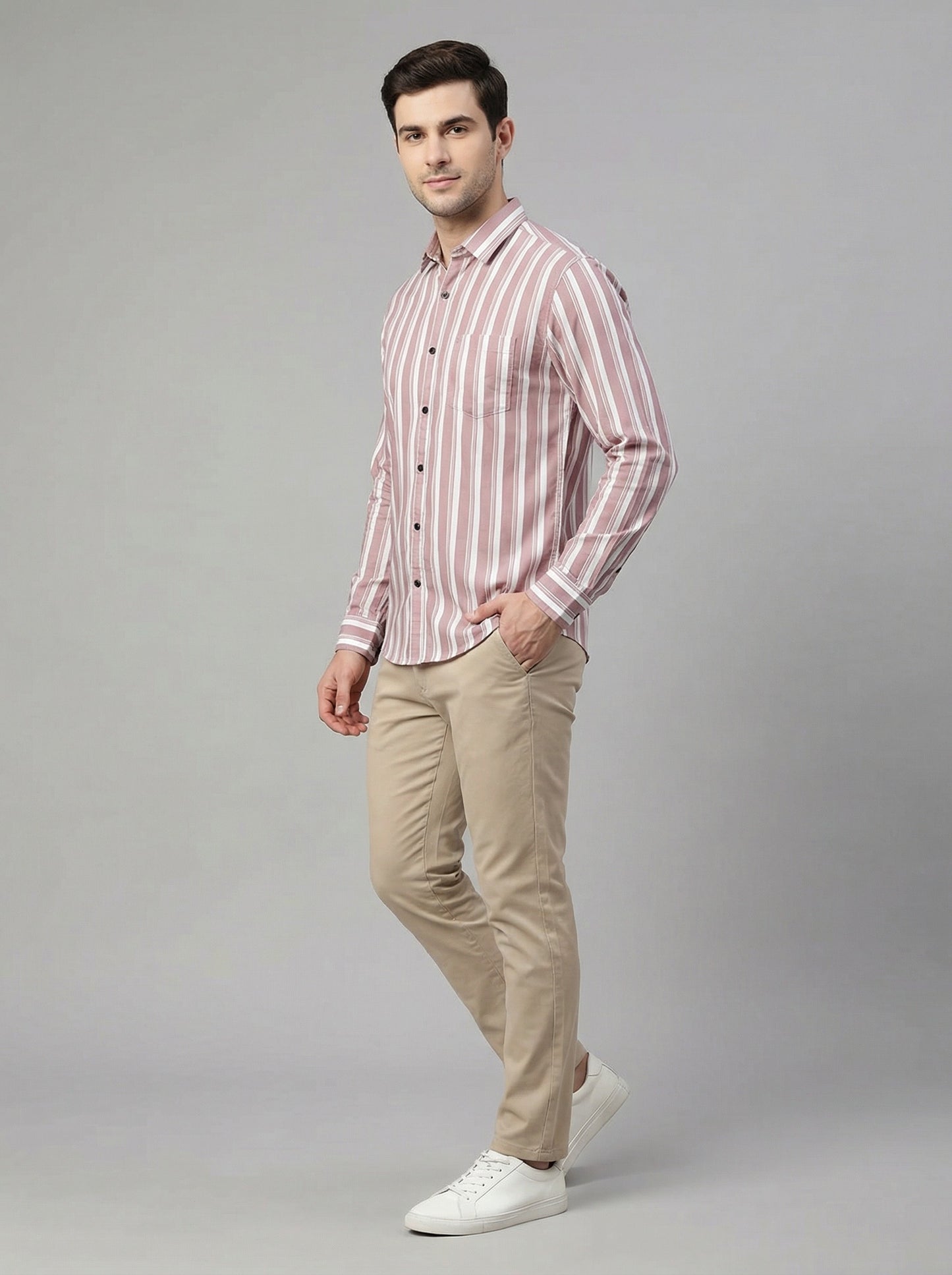Men's Casual Striped Button-Down Short Sleeve Shirt - Mauve & White