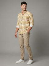 Men's Mustard Yellow Gingham Check Button-Down Shirt with Contrast Cuffs