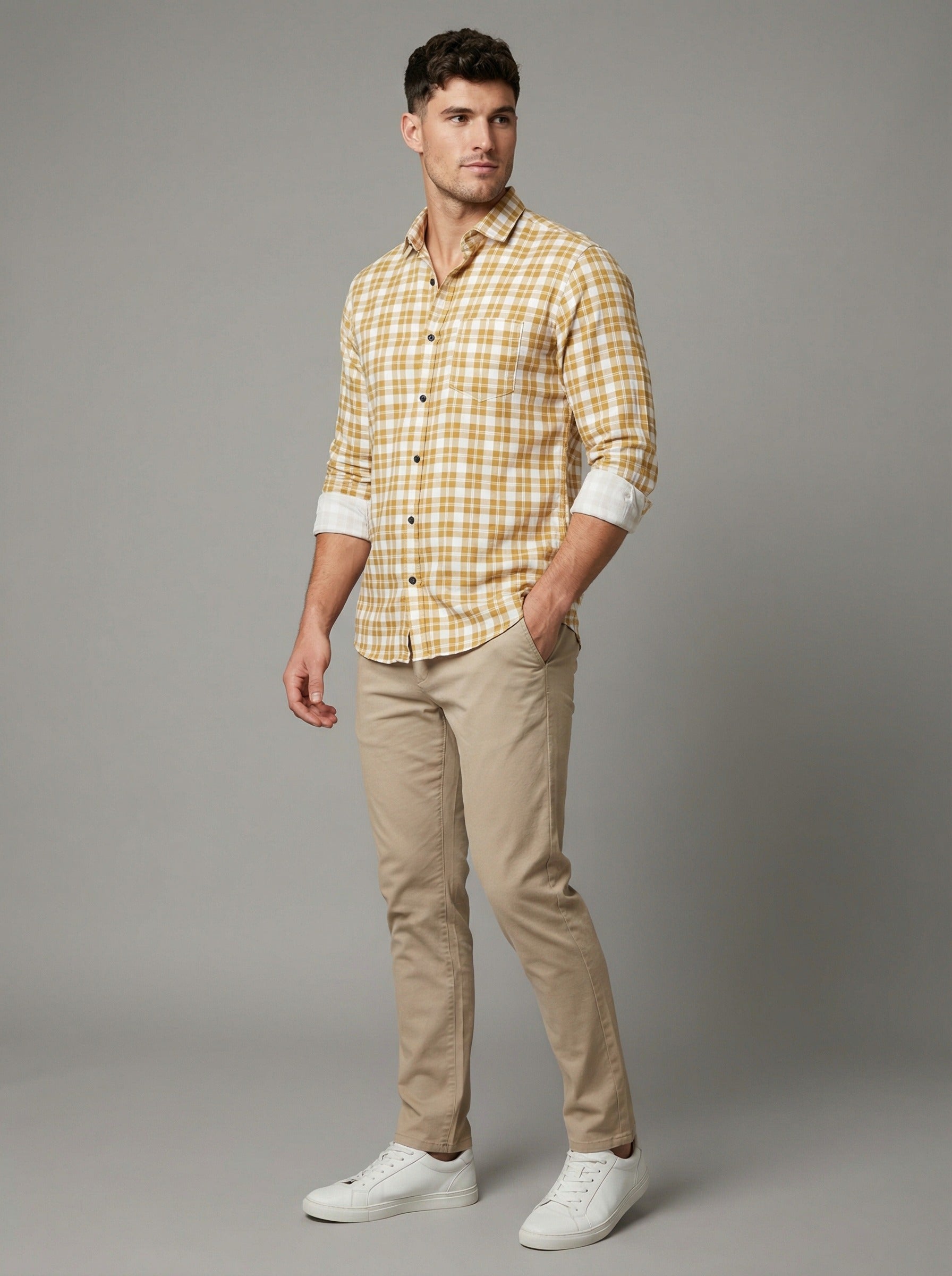 Men's Mustard Yellow Gingham Check Button-Down Shirt with Contrast Cuffs