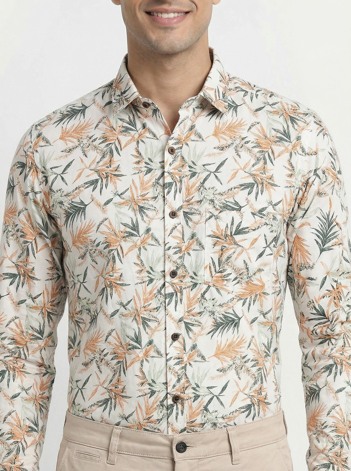 Men's Tropical Palm Orange Leaf Print Long Sleeve Button-Down Casual Shirt - Summer Vacation Style