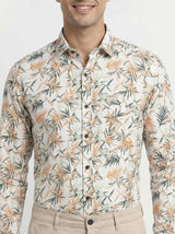 Men's Tropical Palm Orange Leaf Print Long Sleeve Button-Down Casual Shirt - Summer Vacation Style