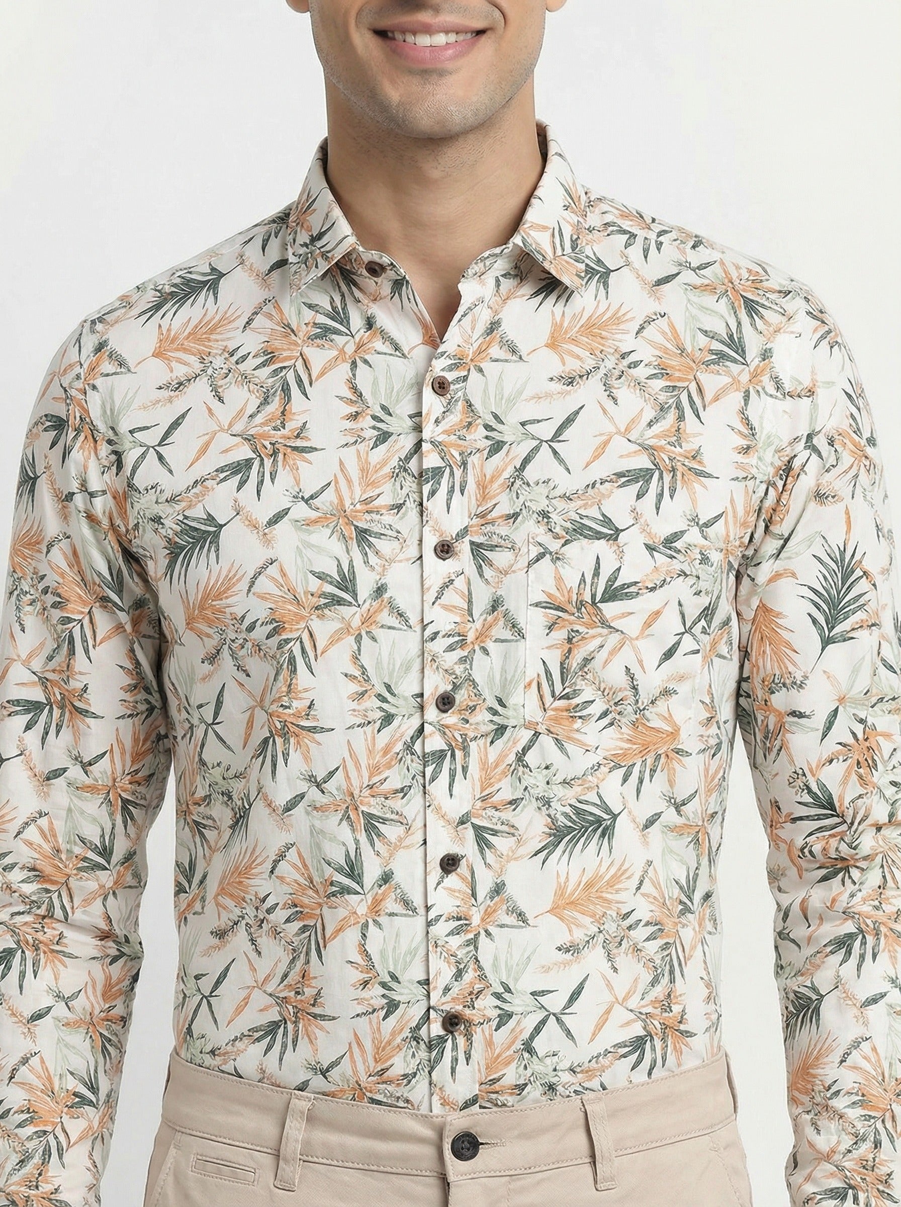 Men's Tropical Palm Orange Leaf Print Long Sleeve Button-Down Casual Shirt - Summer Vacation Style