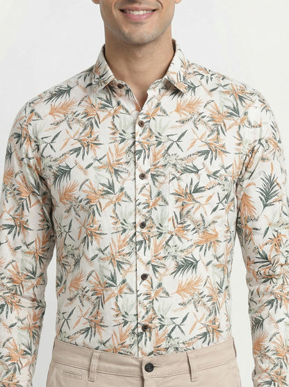 Men's Tropical Palm Orange Leaf Print Long Sleeve Button-Down Casual Shirt - Summer Vacation Style