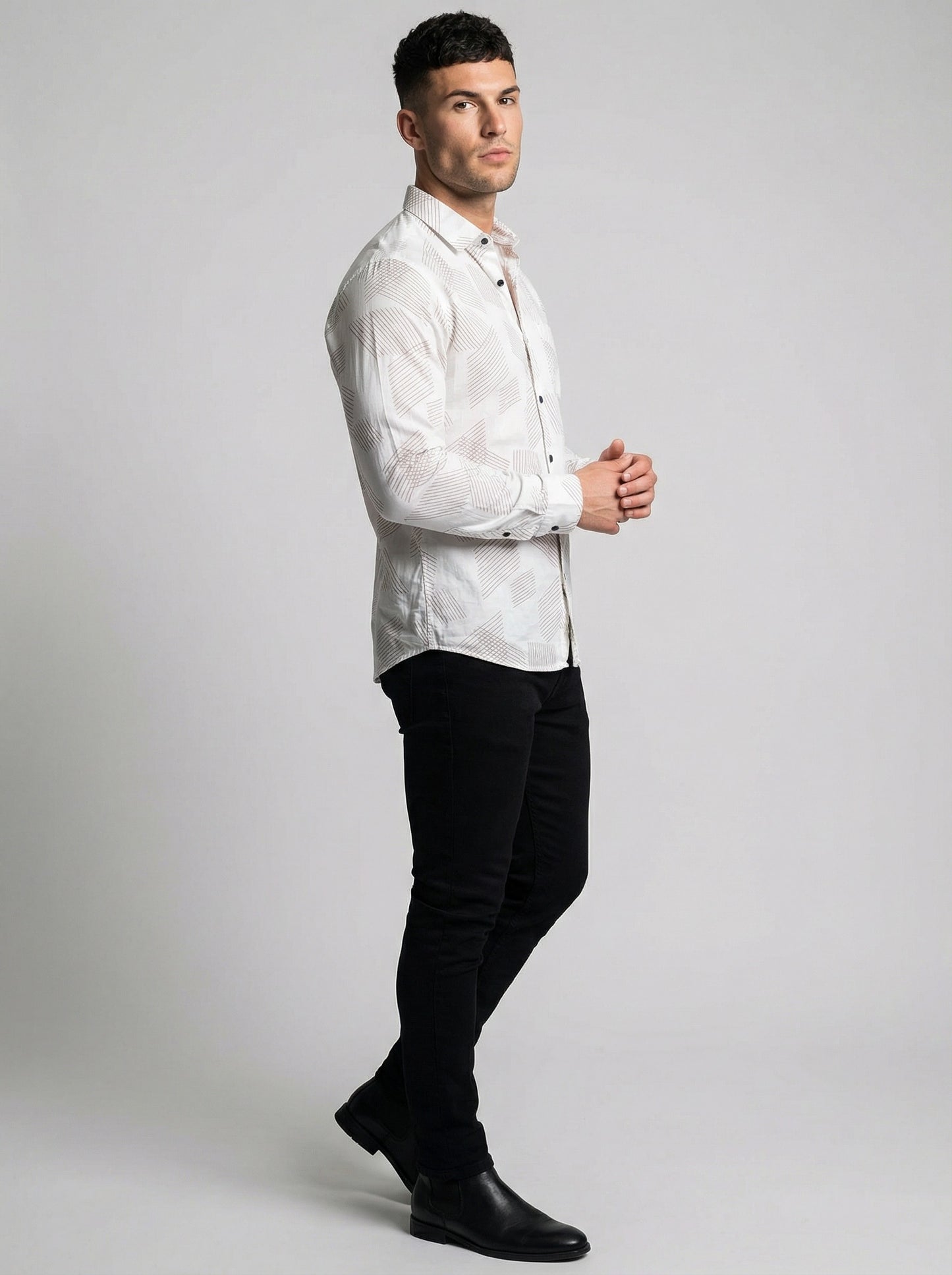 Men's Modern Geometric Line Pattern Long Sleeve Button-Down Shirt