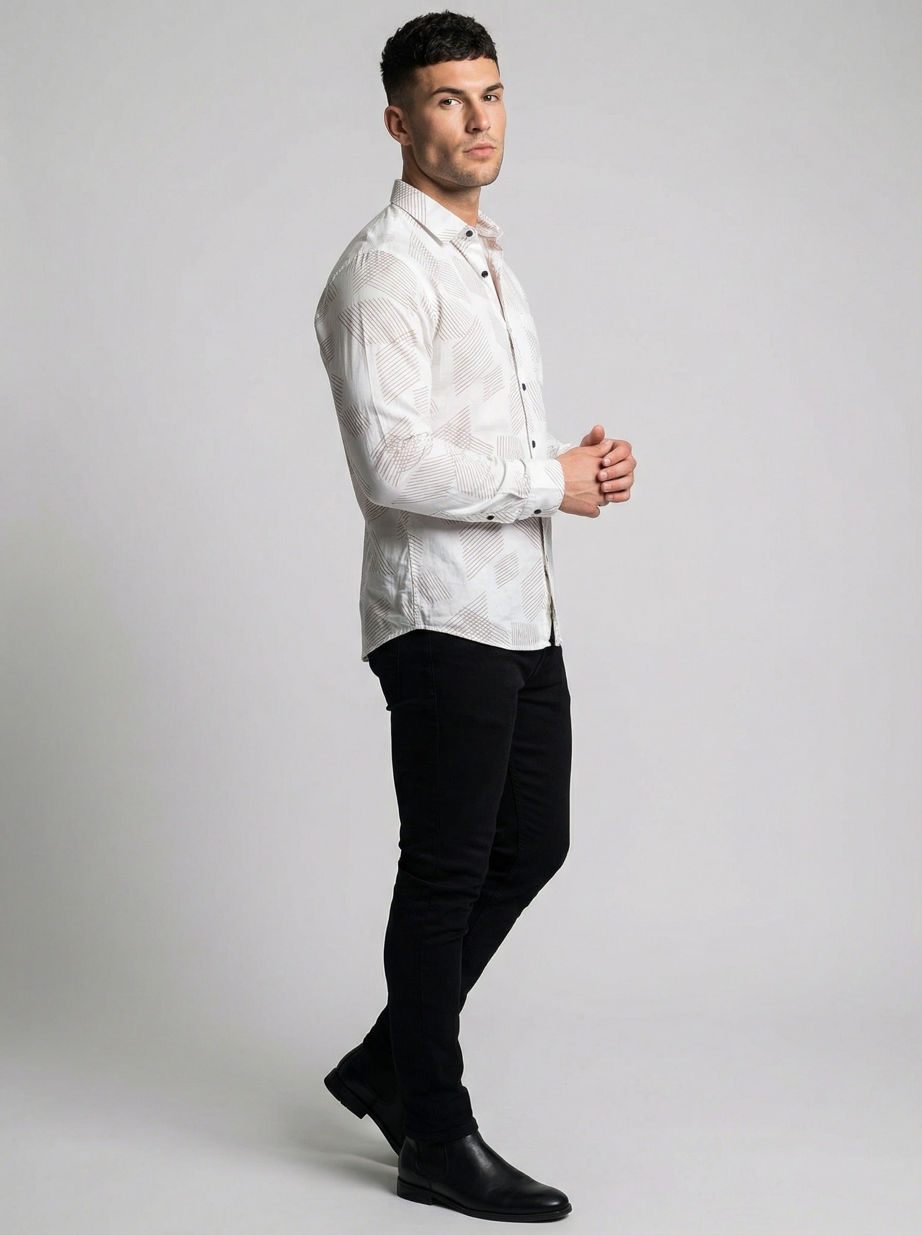 Men's Modern Geometric Line Pattern Long Sleeve Button-Down Shirt