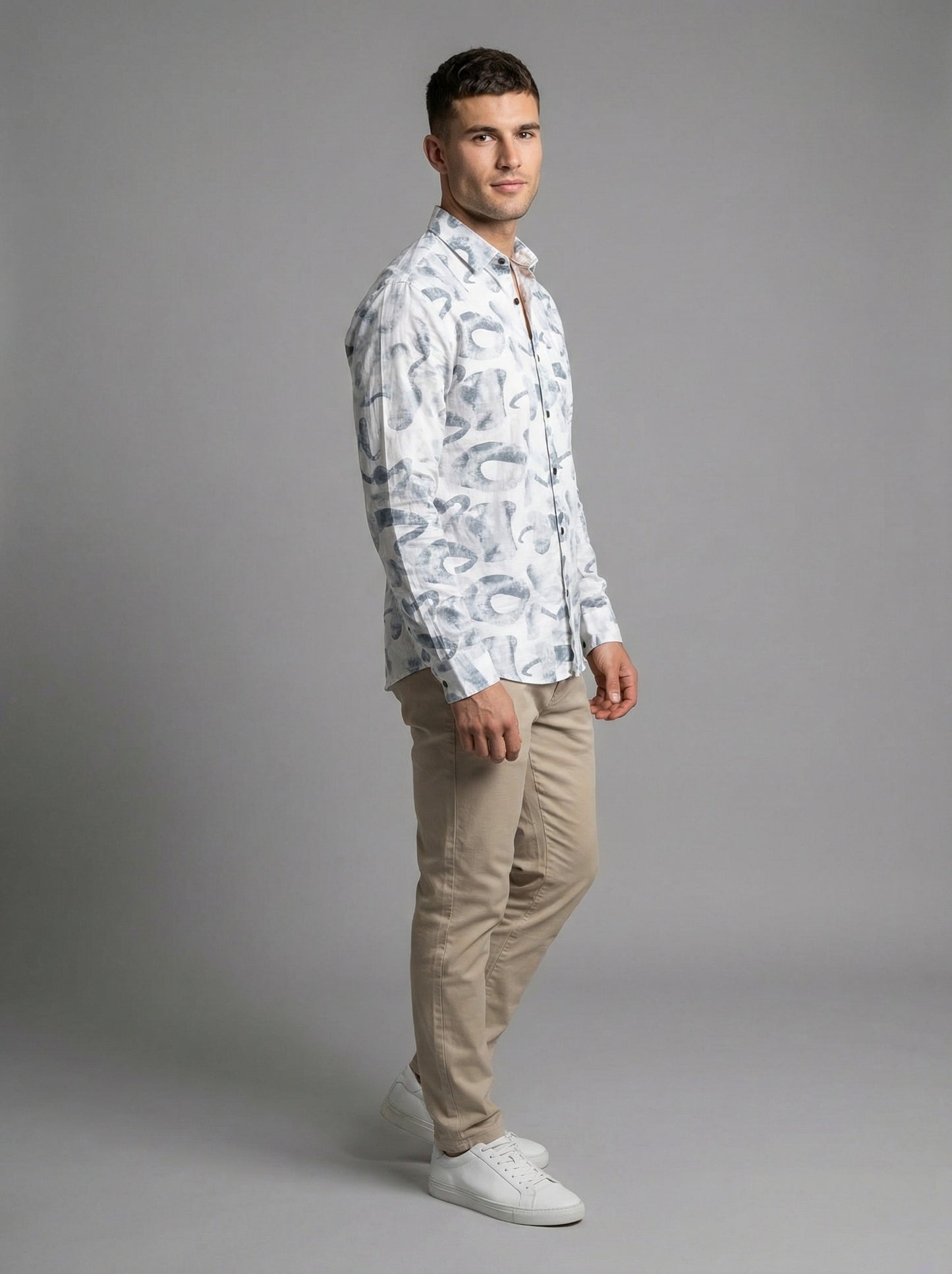 Men's Abstract Print Long Sleeve Button-Down Shirt - Lightweight Casual Top