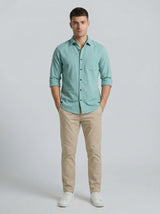 Men's Sky Blue Textured Cotton-Blend Casual Button-Down Shirt