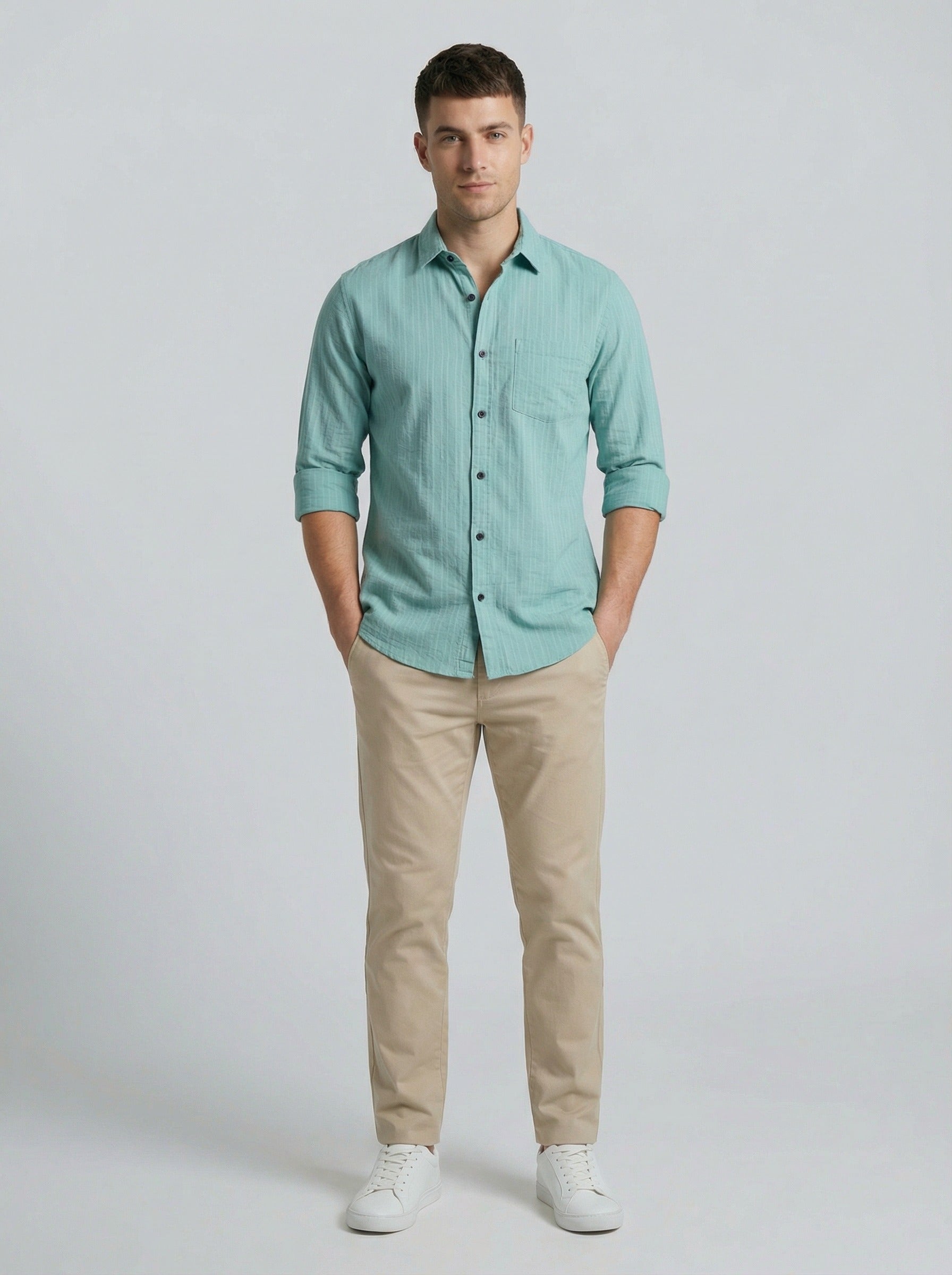 Men's Sky Blue Textured Cotton-Blend Casual Button-Down Shirt
