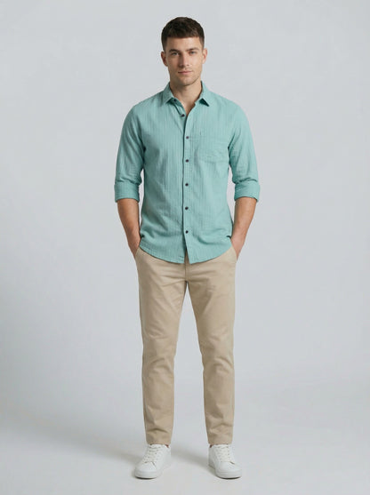 Men's Sky Blue Textured Cotton-Blend Casual Button-Down Shirt