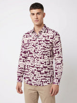 Men's Abstract Alphabet Print Button-Up Shirt - Burgundy & Cream Graphic Long Sleeve