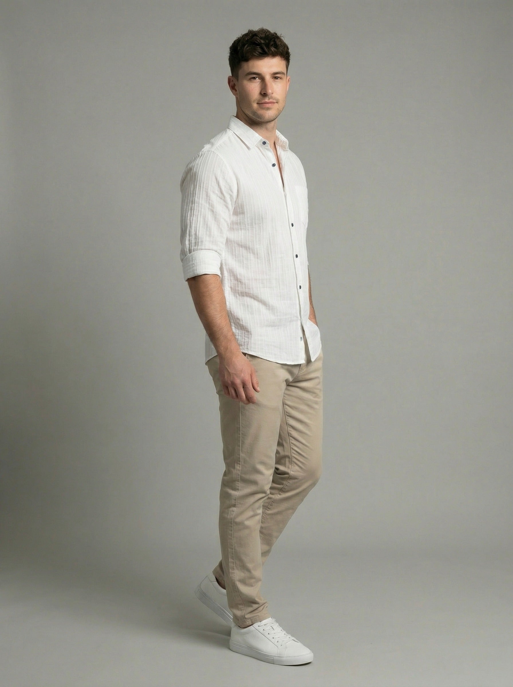 Men's White Textured Long Sleeve Button Down Casual Shirt