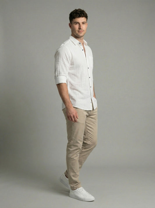 Men's White Textured Long Sleeve Button Down Casual Shirt