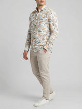 Men's Tropical Palm Orange Leaf Print Long Sleeve Button-Down Casual Shirt - Summer Vacation Style
