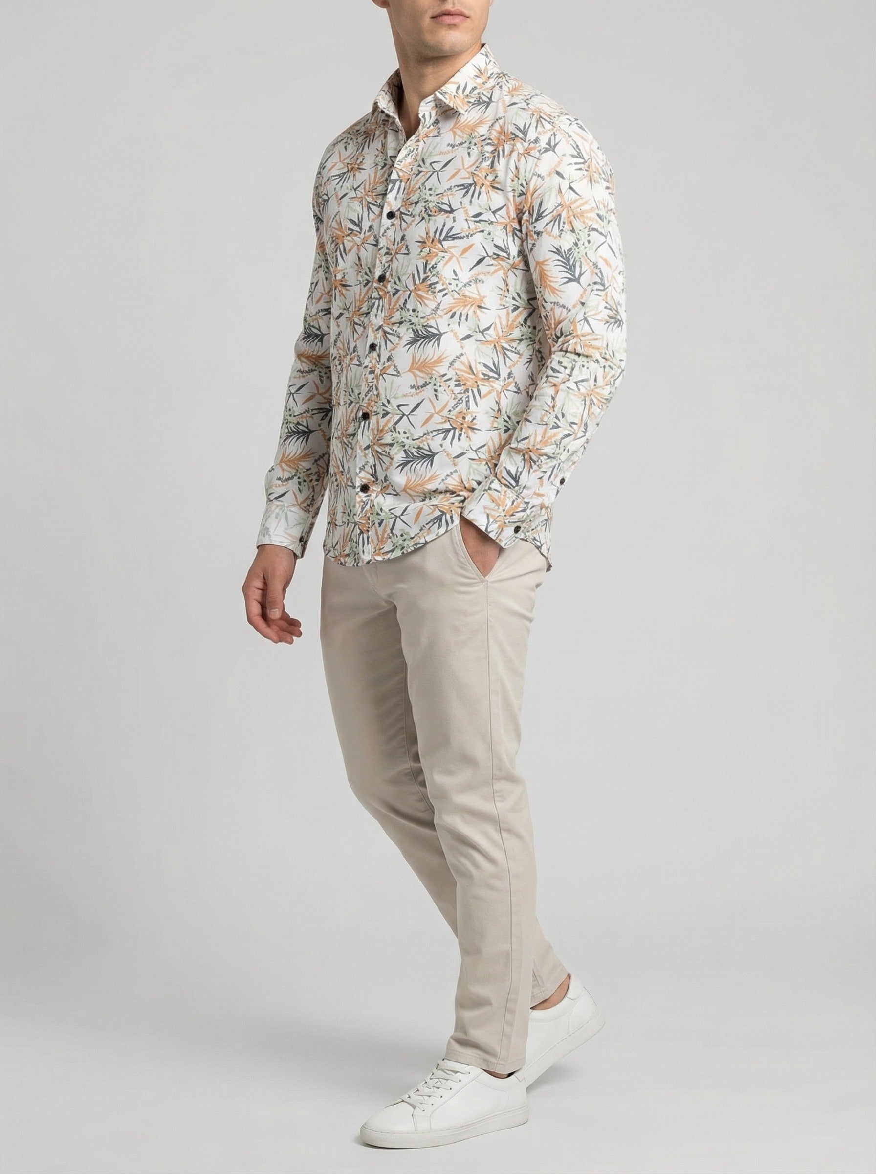 Men's Tropical Palm Orange Leaf Print Long Sleeve Button-Down Casual Shirt - Summer Vacation Style