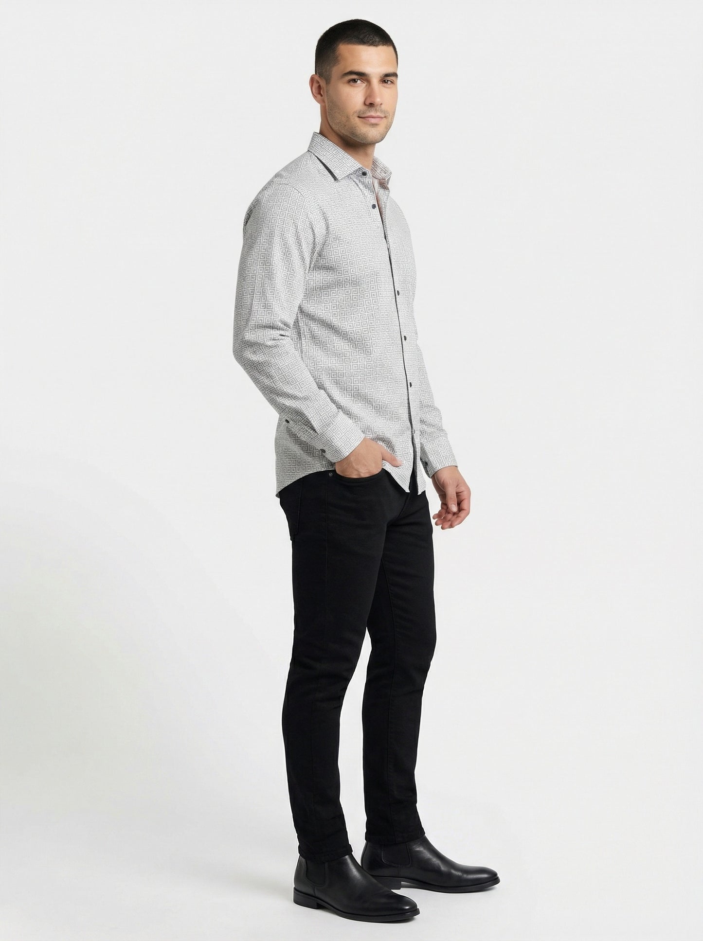 Men's Geometric Greek Key Pattern Long Sleeve Button-Down Shirt