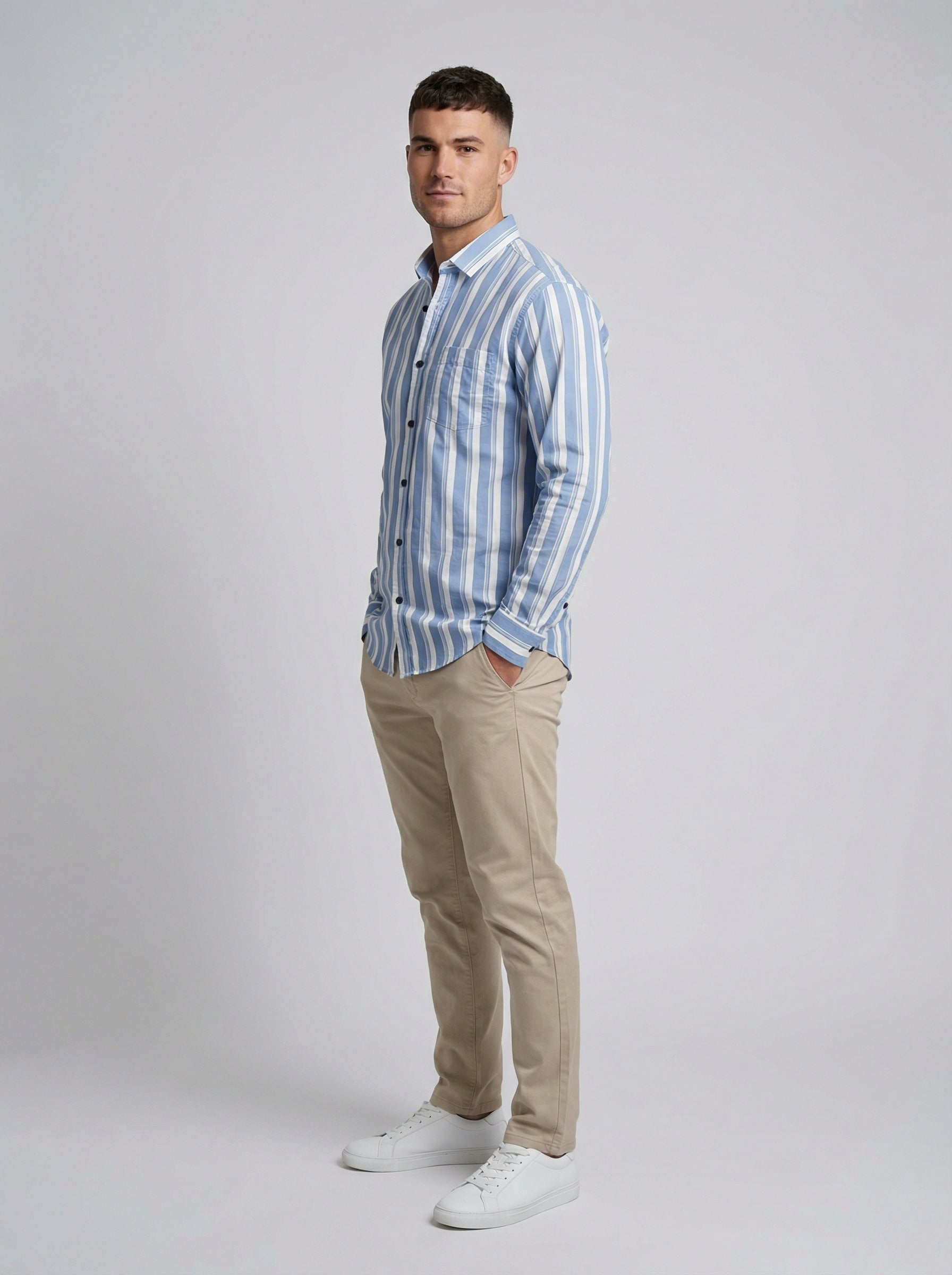 Towne Men's Classic Blue and White Striped Button-Down Shirt