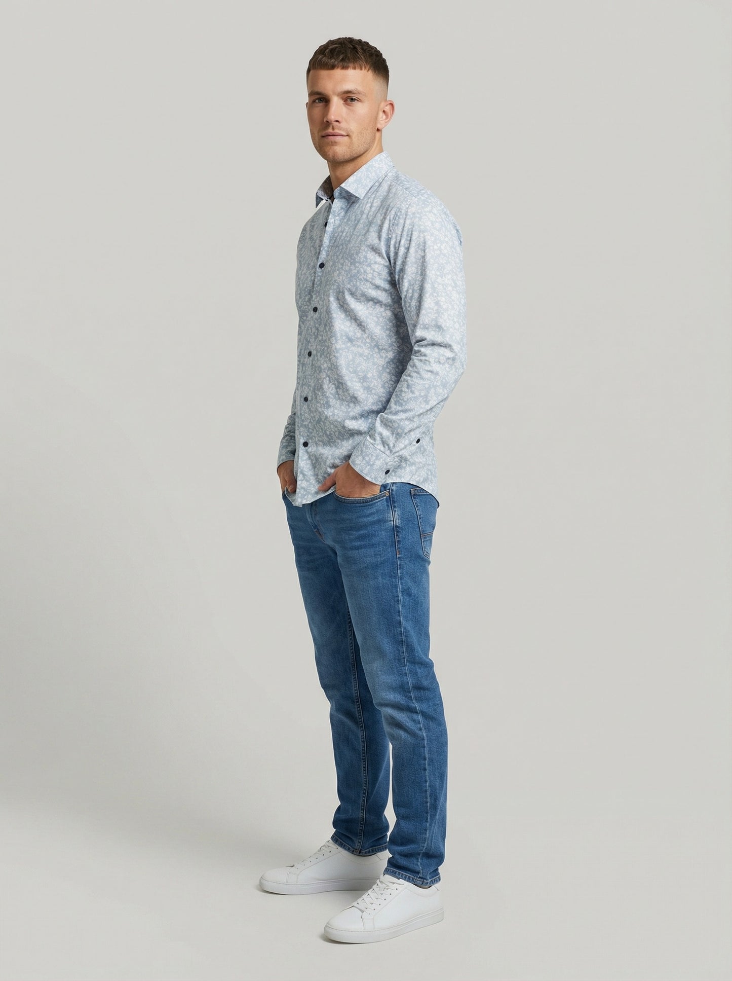 Men's Light Blue Subtle Floral Print Long Sleeve Button-Down Shirt