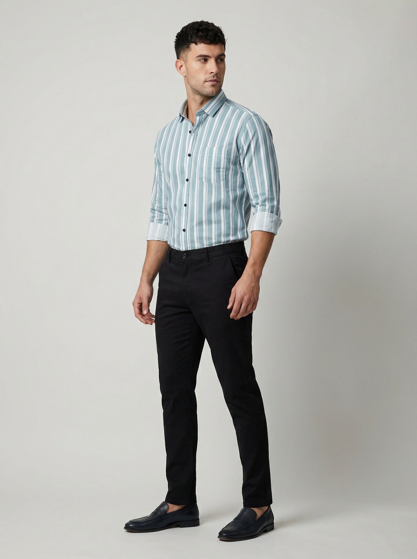 Men's Sage Green and White Horizontal Striped Button-Down Shirt