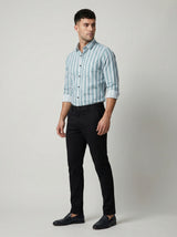 Men's Sage Green and White Horizontal Striped Button-Down Shirt