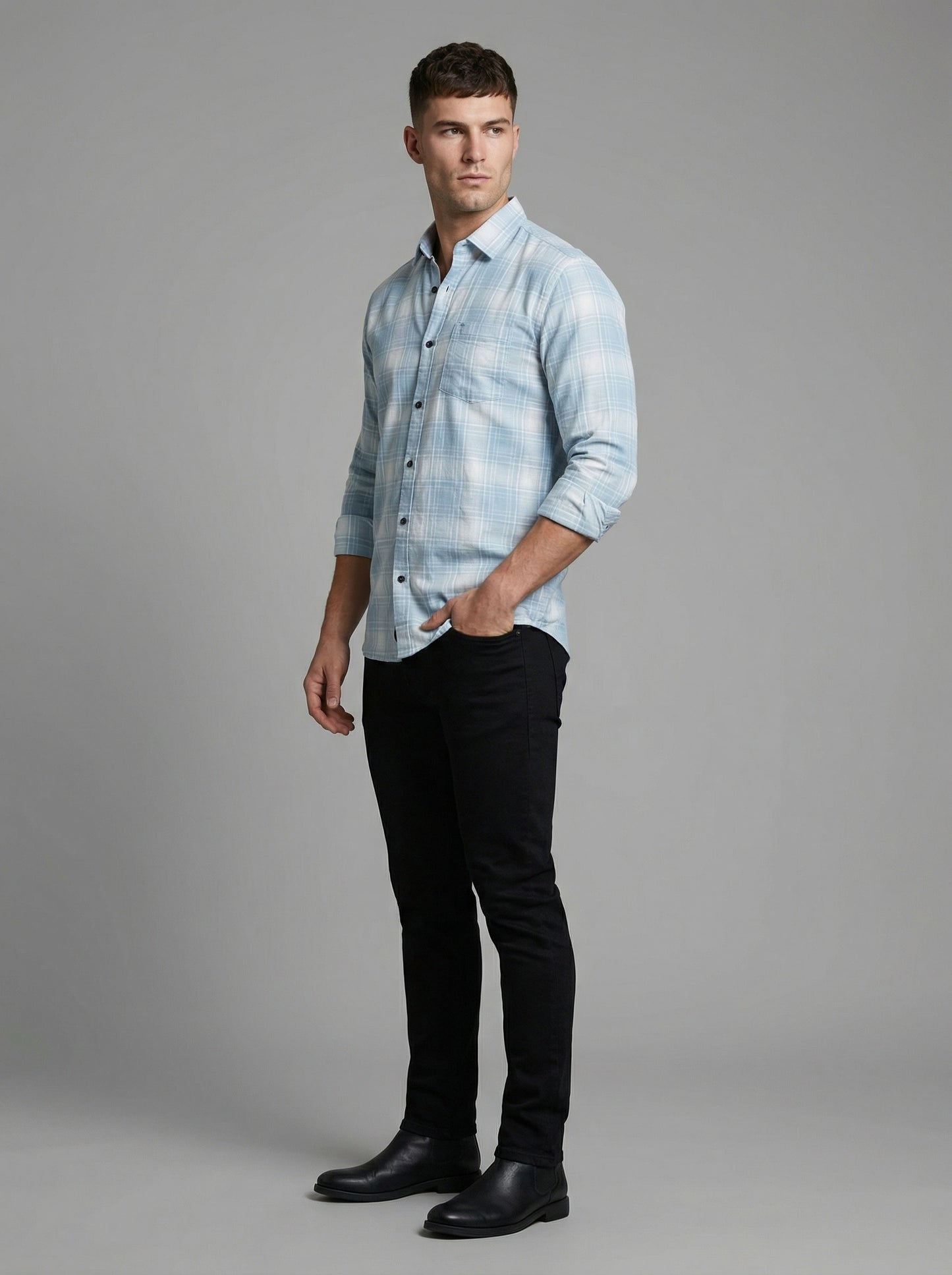 Men's Light Blue and White Plaid Long Sleeve Button-Down Shirt