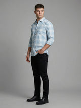 Men's Light Blue and White Plaid Long Sleeve Button-Down Shirt