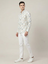 Men's Tropical Bamboo Leaf Print Button-Down Shirt - White & Tan Long Sleeve Casual Summer Shirt