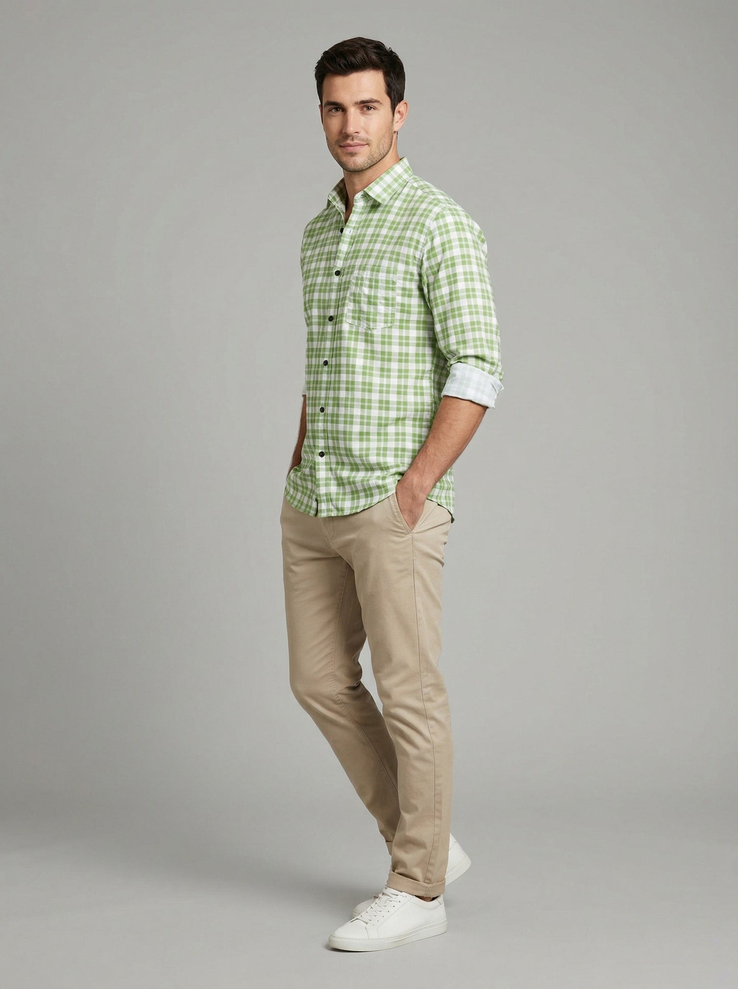 Men's Sage Green Gingham Checkered Long Sleeve Button-Down Shirt
