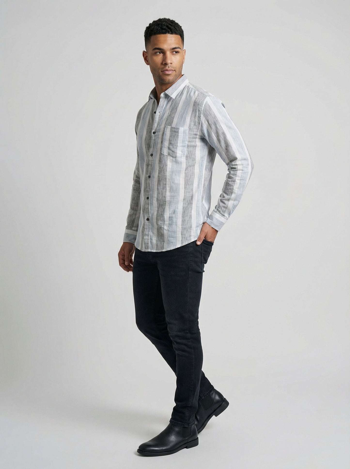 Men's Classic Striped Cotton-Blend Casual Button-Down Shirt