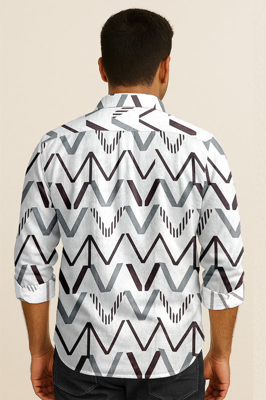 Geometric Printed Casual Button Down Shirt – Long Sleeve Cotton Summer Beachwear with Pocket