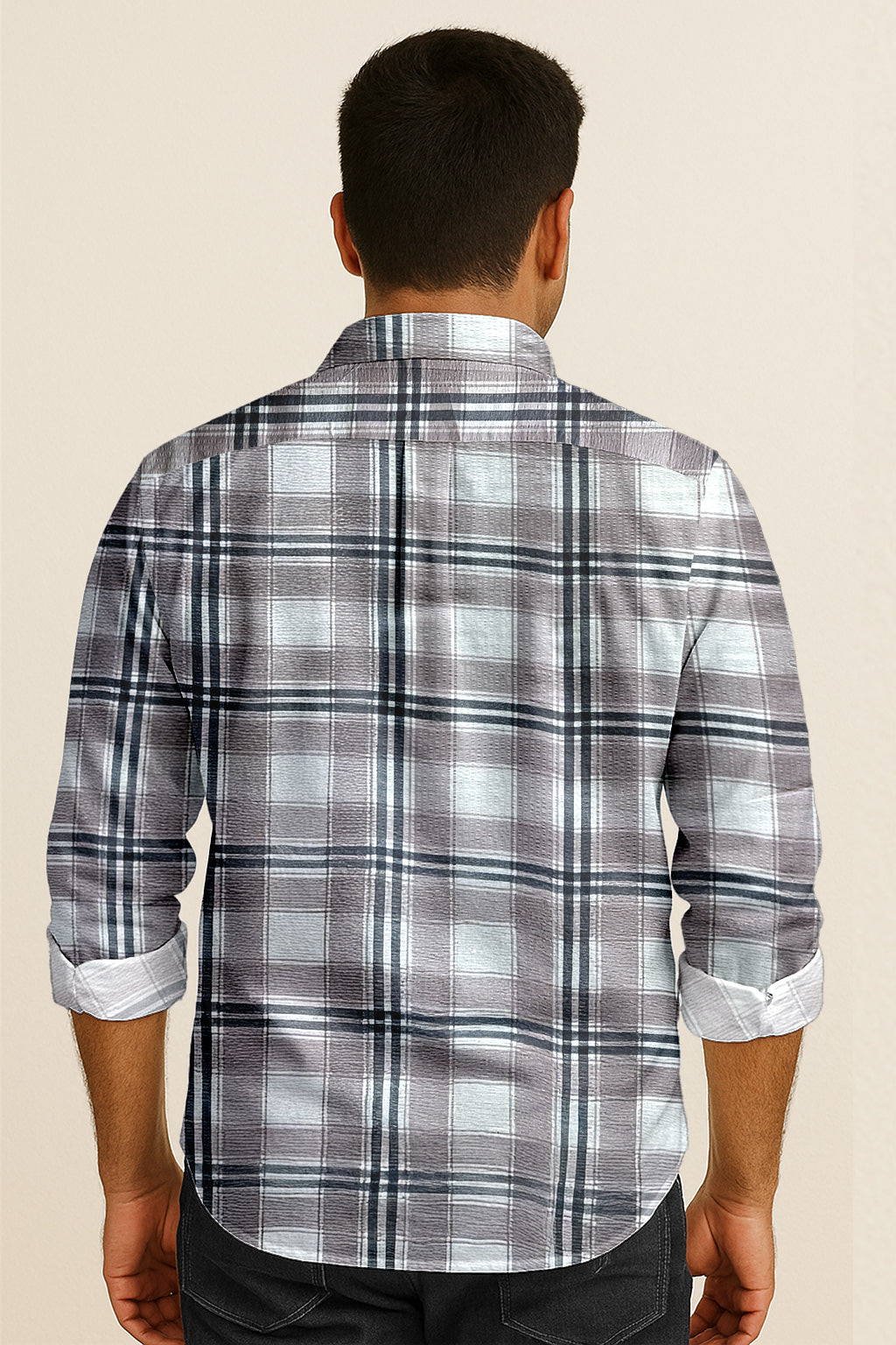 Men's Long Sleeve Plaid Shirt – Textured Cotton Blend Seersucker Button Down for Casual Everyday Wear