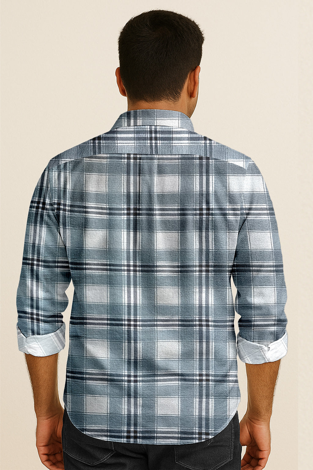 Men's Long Sleeve Plaid Shirt – Textured Cotton Blend Seersucker Button Down for Casual Everyday Wear