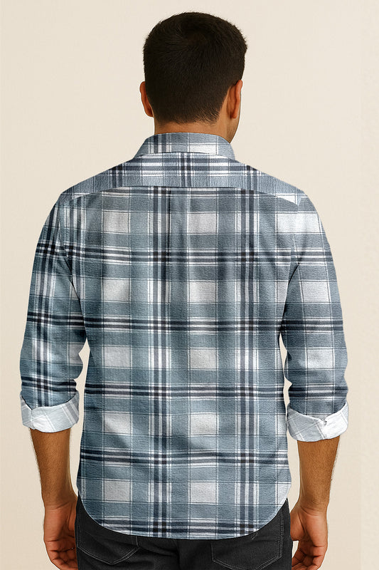 Men's Long Sleeve Plaid Shirt – Textured Cotton Blend Seersucker Button Down for Casual Everyday Wear