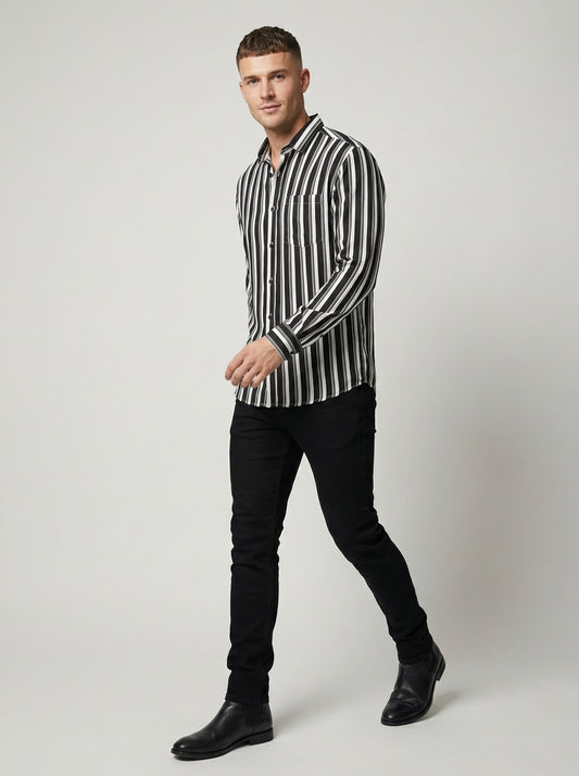 Men's Bold Black and White Horizontal Striped Long Sleeve Button-Down Shirt