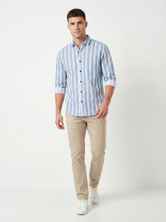 Towne Men's Classic Blue and White Striped Button-Down Shirt