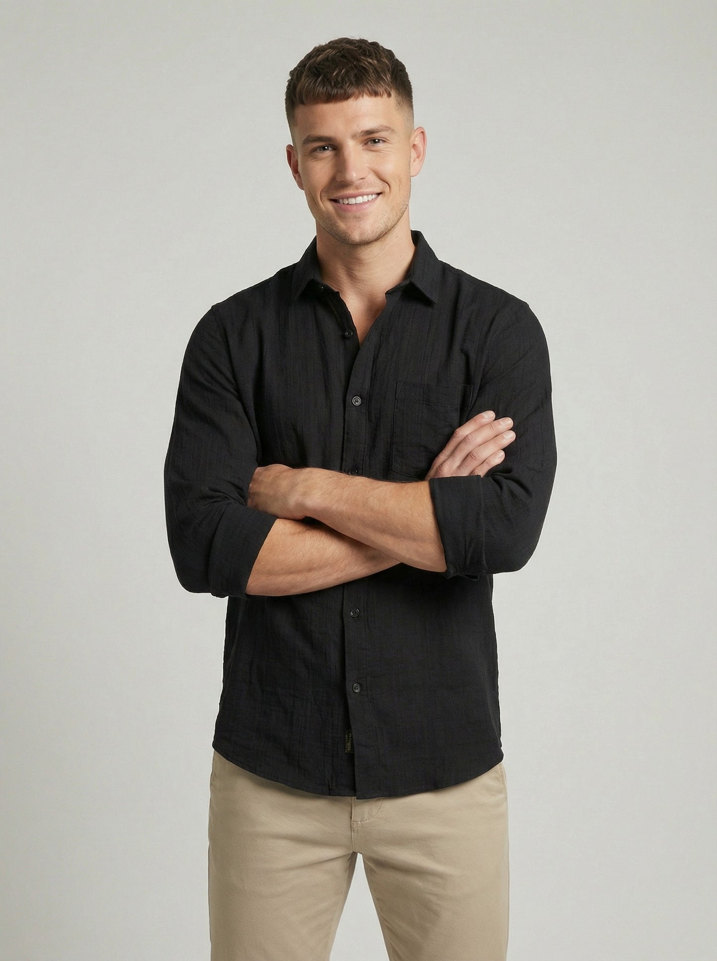 Men's Black Textured Long Sleeve Button-Down Casual Shirt - Premium Slim Fit