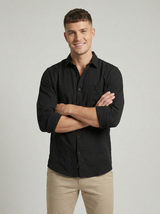 Men's Black Textured Long Sleeve Button-Down Casual Shirt - Premium Slim Fit