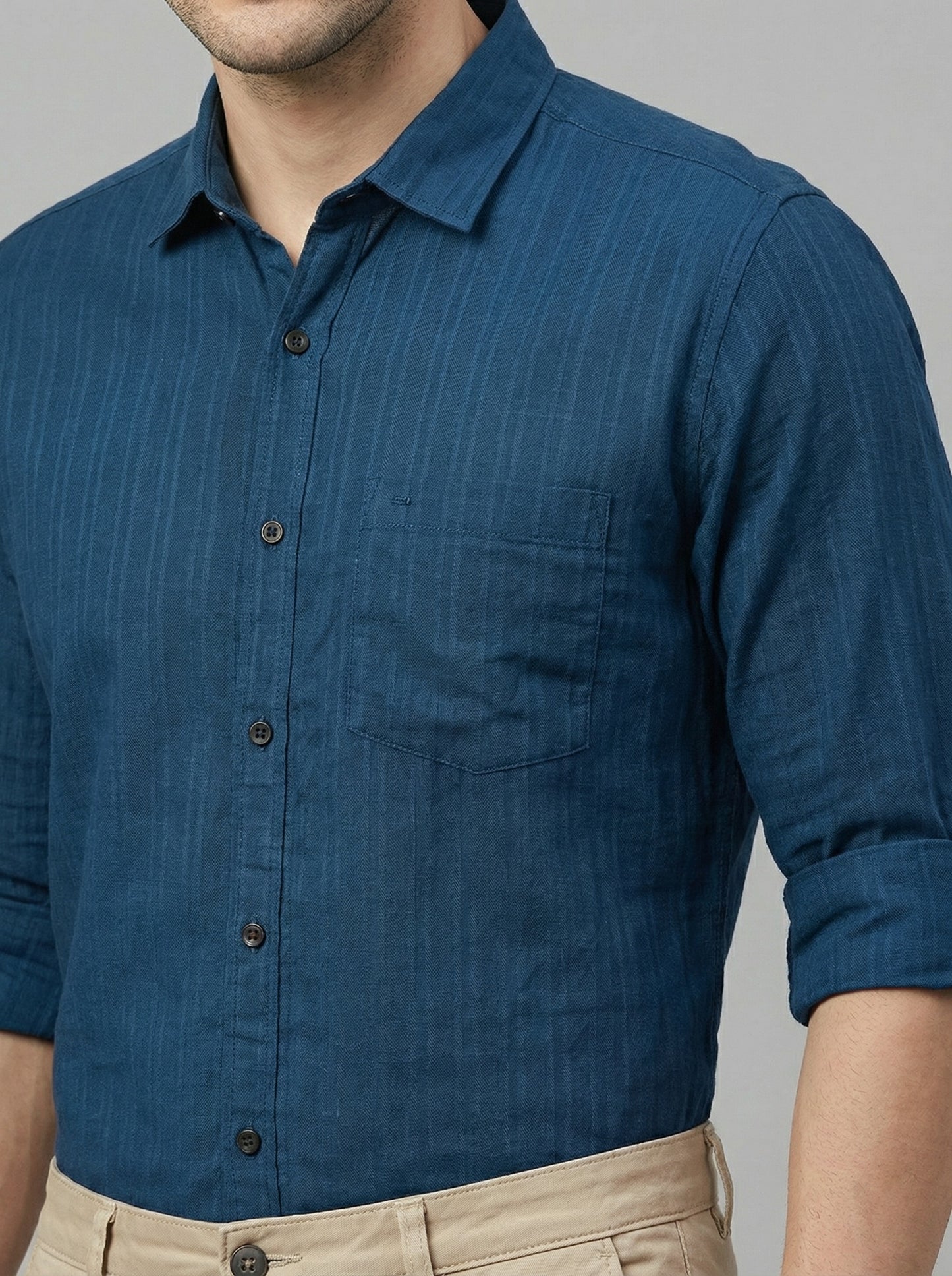 Men's Teal Blue Textured Vertical Stripe Casual Shirt - Slim Fit
