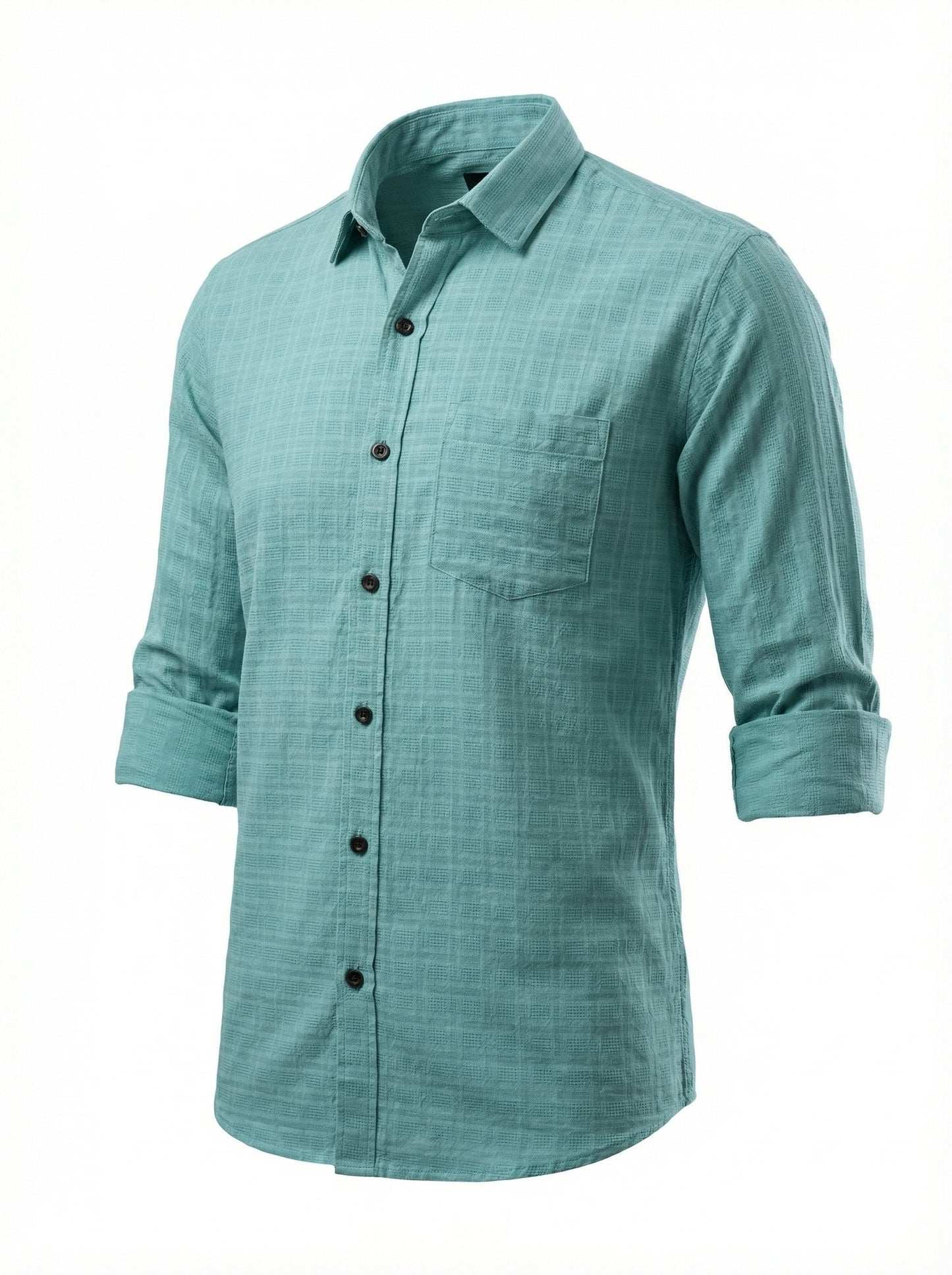 Men's Sky Blue Textured Cotton-Blend Casual Button-Down Shirt