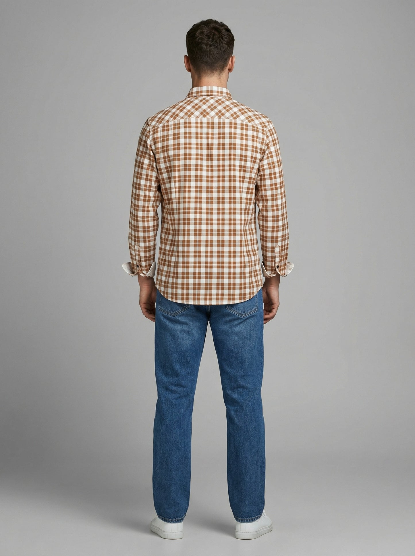 Men's Orange and White Gingham Checkered Button-Down Shirt