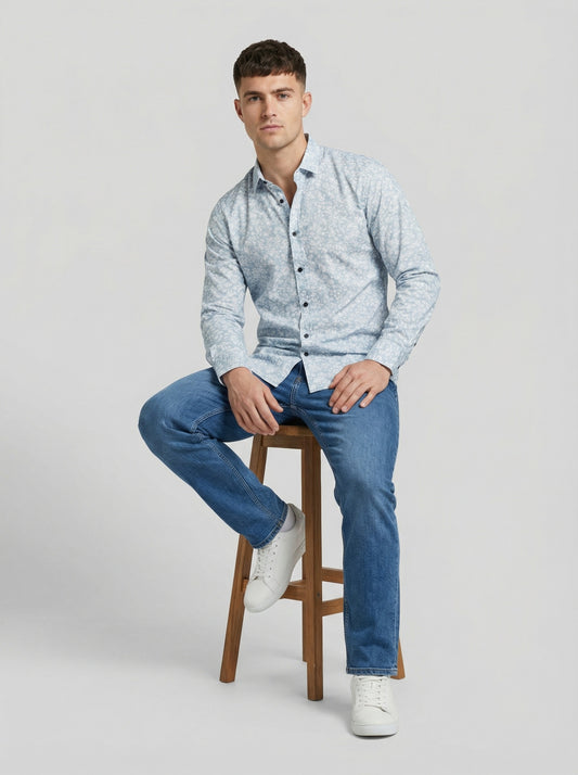 Men's Light Blue Subtle Floral Print Long Sleeve Button-Down Shirt