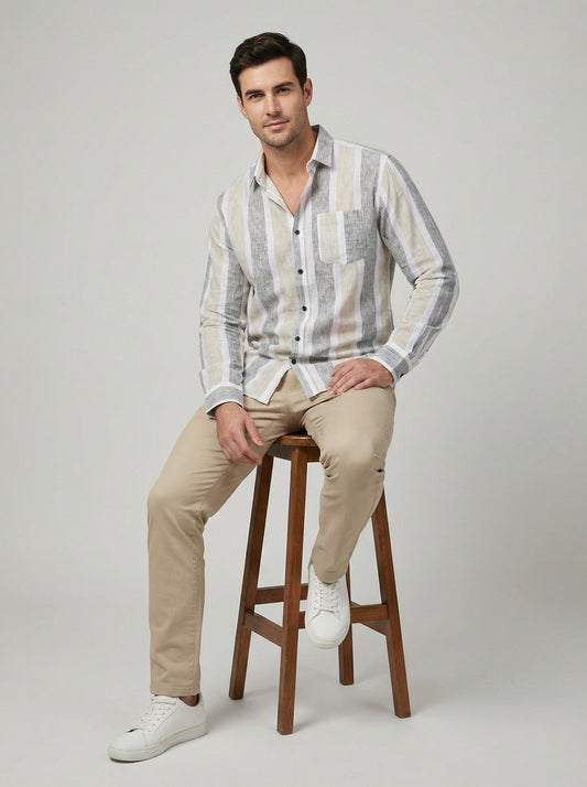 Men's Textured Horizontal Stripe Button-Down Shirt - Grey & Beige