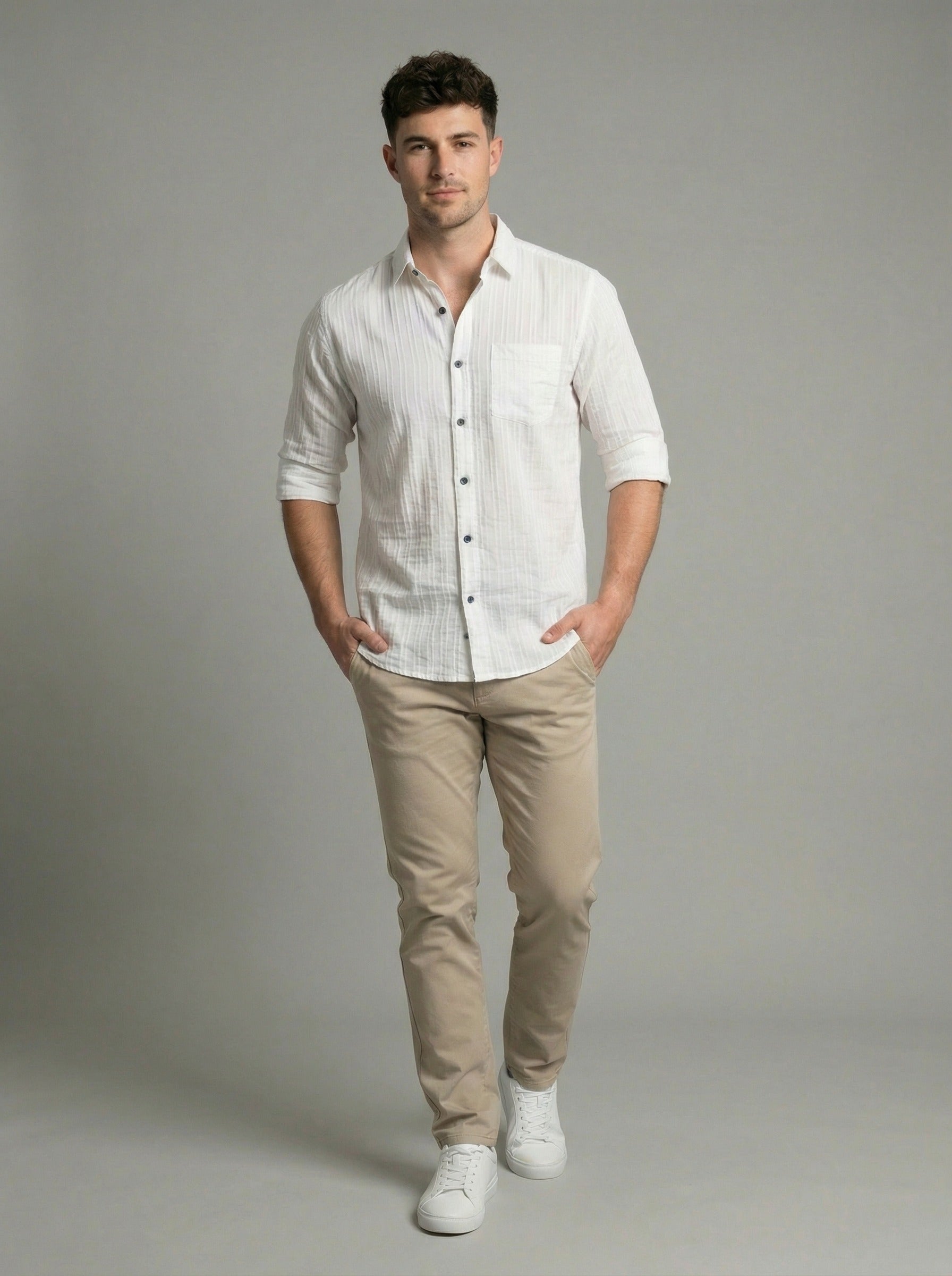 Men's White Textured Long Sleeve Button Down Casual Shirt