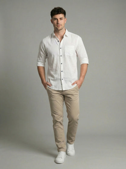 Men's White Textured Long Sleeve Button Down Casual Shirt