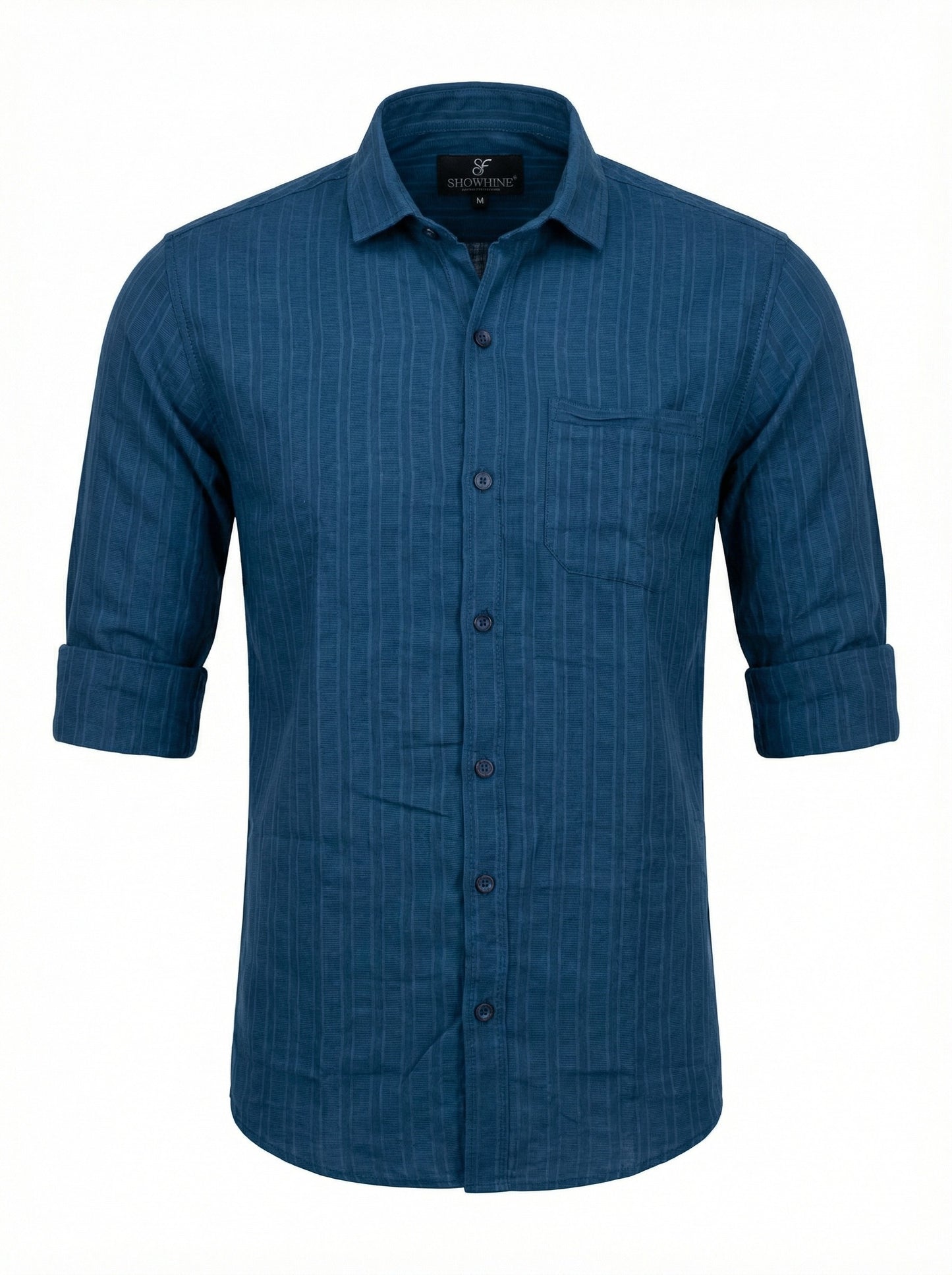 Men's Teal Blue Textured Vertical Stripe Casual Shirt - Slim Fit