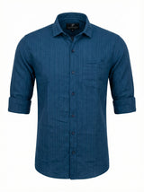 Men's Teal Blue Textured Vertical Stripe Casual Shirt - Slim Fit