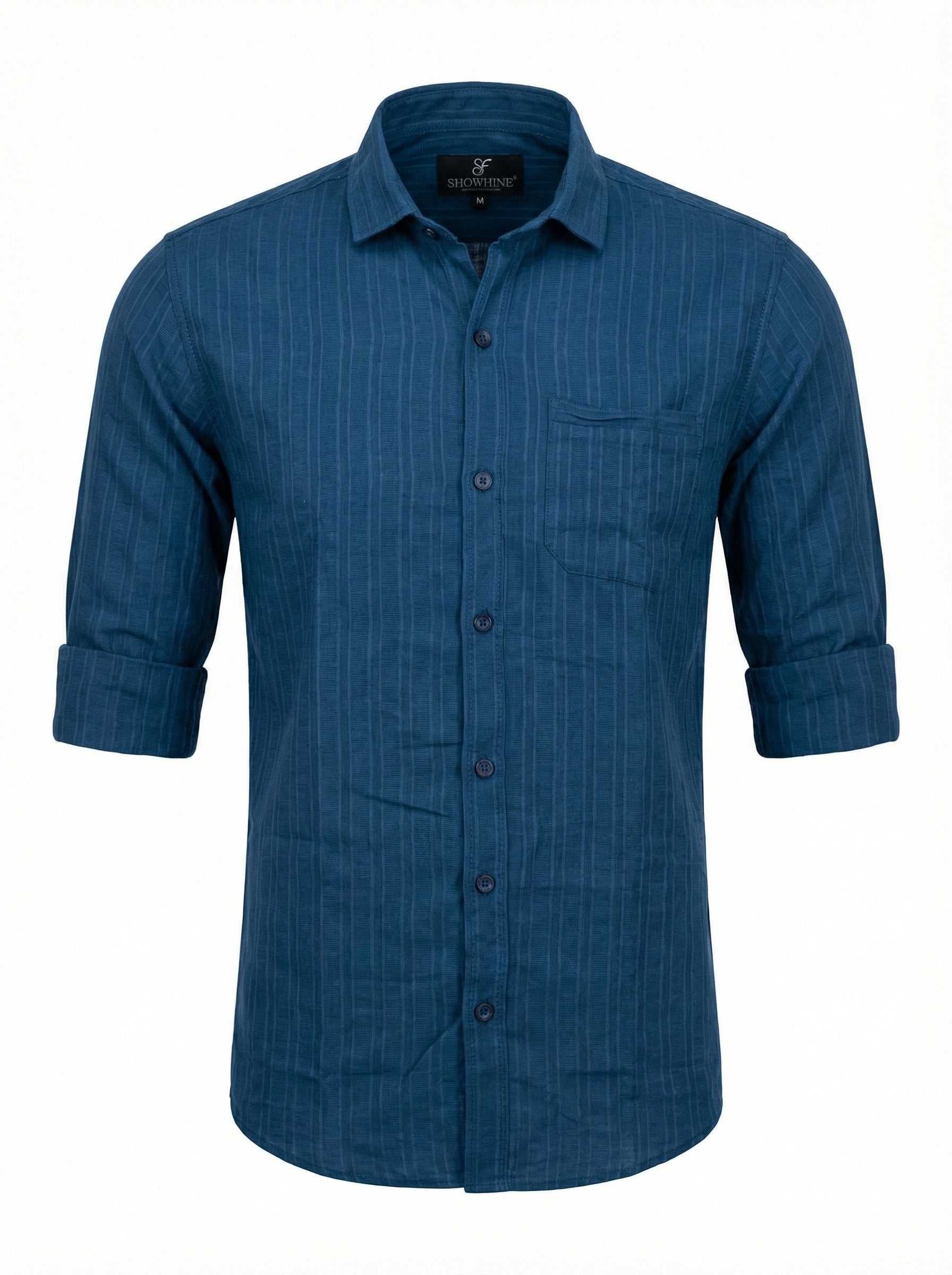 Men's Teal Blue Textured Vertical Stripe Casual Shirt - Slim Fit